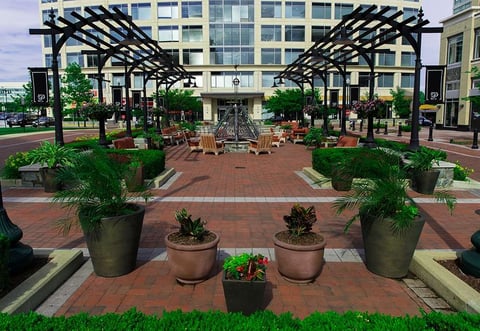 commercial area with planters and seating