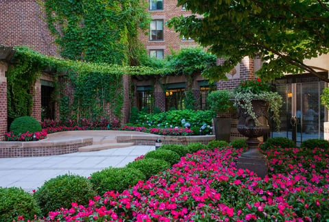 Landscaping around brick building